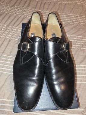 Bally Black Leather Single Monk Strap Dress Shoes with Gold Buckles